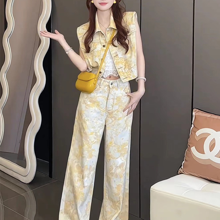 2026 Summer New Korean Style Fashion Tie-Dye Print Sleeveless Denim Vest Top High-Waisted Wide-Leg Pants Set