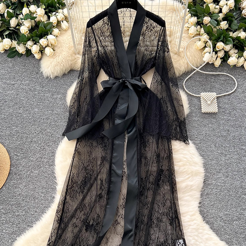 New Sexy Lace Long Nightgown, Elegant and Fashionable Women's Bow Tie, Waist-Cinching Bell-Sleeve See-Through Nightgown
