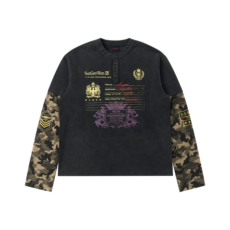 Saxgenwon「Idcard」Waffle Henry Collar Camouflage Digital Print Theme Printed Short Wide Long Sleeve T-Shirt