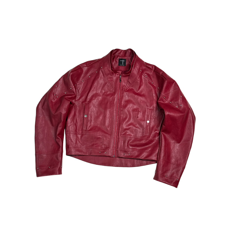 Sgwcult'Snake Bone' Red Leather Jacket with Rivets and Embroidery, Scimitar Double Stand Collar, Short Silhouette Coat