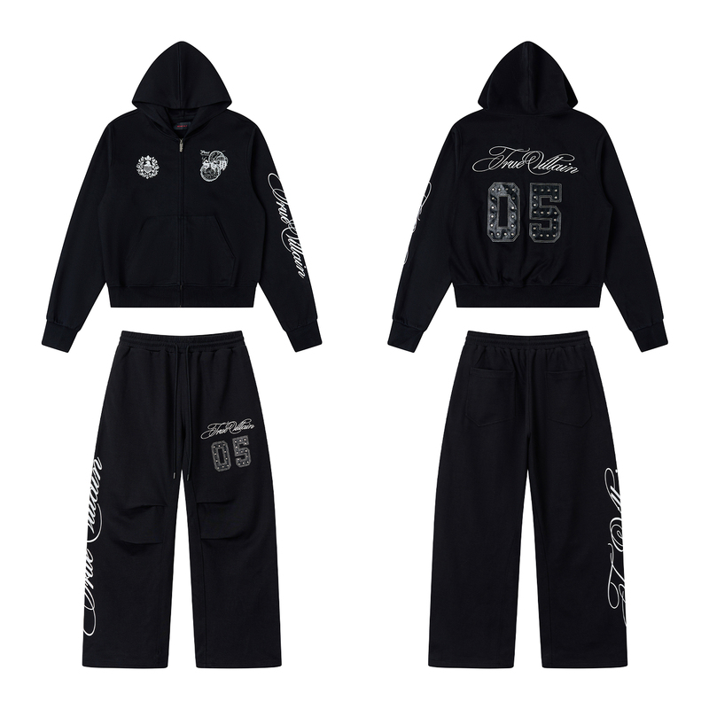 Sgwcult'True Villain' Heavy-Duty Rivet Patchwork Embroidered Printed Sweatshirt Jacket and Pants Set