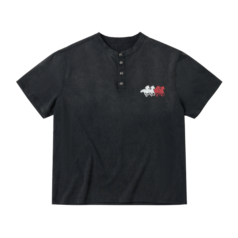 Saxgenwon'Horse Racing' Henry Collar Washed Vintage Print Metal Buckle Fitted Regular Shoulder Street Short-Sleeve T-Shirt Saxgenwon'Horse Racing' Henry Collar Washed Vintage Print Metal Buckle Fitted Regular Shoulder Street Short-Sleeve T-Shirt