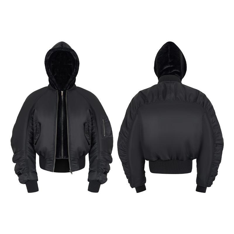 Sgw Scimitar Silhouette Cotton Coat with Fur Hood, Fleece-Lined and Thickened, Short Flight Jacket with Mountain Carving Design, Winter Coat