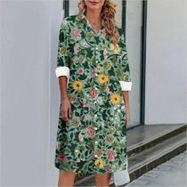 Spring Dress Floral Print A-line Midi Dress with Turn-down