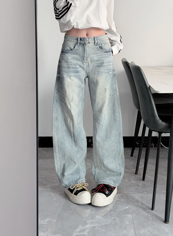 Yy71 American-Style Washed Ice Blue Scimitar-Shaped Loose Ripped Jeans, Unisex Yy71 American-Style Washed Ice Blue Scimitar-Shaped Loose Ripped Jeans, Unisex