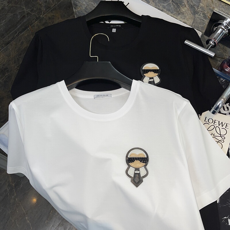 Light Luxury European Goods! Karl Lagerfeld Emblem Calfskin Label T-Shirt, Liquid Ammonia Combed Cotton, Ice Silk, Old Money Style Short Sleeve