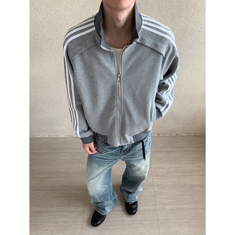 Chapter1 American-Style Sports Style Stand-Up Collar Three-Stripe Color-Block Jacket for Men and Women, Loose Casual Top