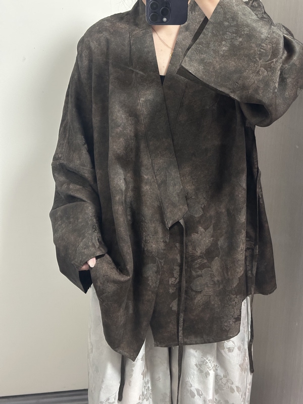 【Grass-Dyed Gray Hydrangea Magnolia】Full-Length Mulberry Silk Floral Robe with Long Sleeves, Can Be Worn in Two Ways, Length 70/80, Bust 120