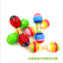 Wooden baby grasping exercise educational toy cartoon handle sound wooden color double-headed sand hammer rattle