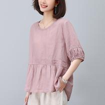 Ramie T-shirt for women 2024 new slim shirt popular this year beautiful middle-aged mothers summer short-sleeved top