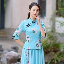 Spring and summer Tang suit tops ethnic style square dance costumes Chinese style improved cheongsam chiffon skirt suit
