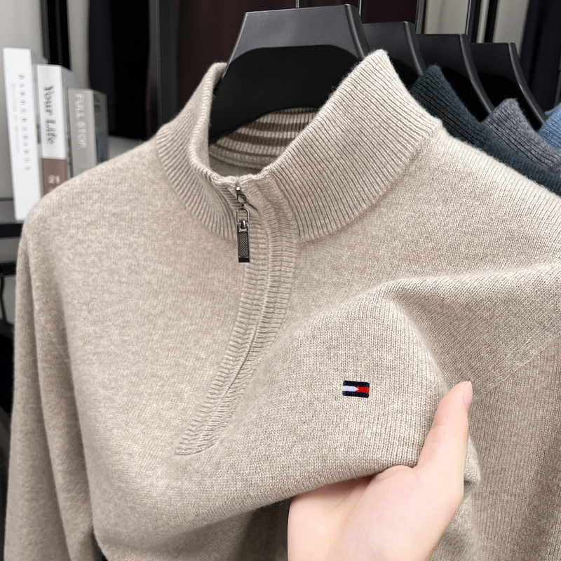 Authentic American Men's Half-Turtleneck Zip-Up Knit Sweater, Thickened and Warm, 100% Pure Wool, Long-Sleeve Business Sweater Authentic American Men's Half-Turtleneck Zip-Up Knit Sweater, Thickened and Warm, 100% Pure Wool, Long-Sleeve Business Sweater