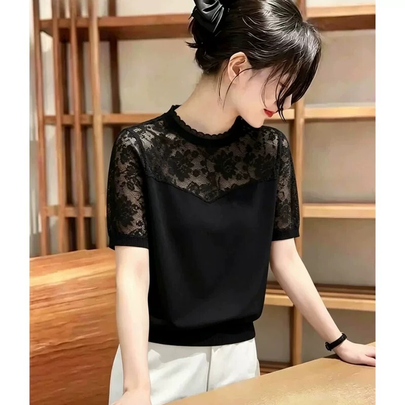 Black Lace Spliced Round Neck Short-Sleeved Top for Women, Summer Wear, Thin, Hollow, High-End and Versatile