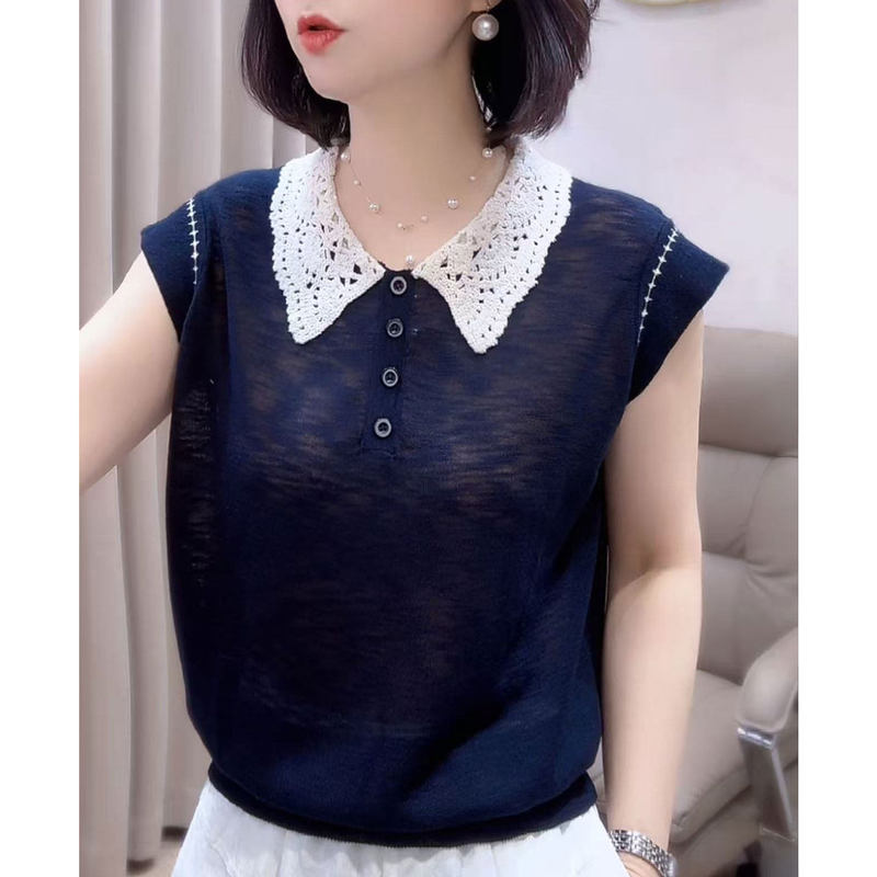 Casual Style Doll Collar Lace Splicing Knitted Sweater Women's Short-Sleeved Button Pullover Thin Top