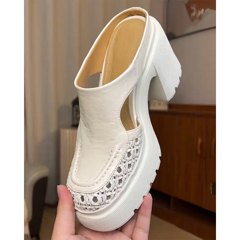 10Cm/Leather/Summer New Fashion Retro Thick-Soled Height-Increasing Non-Slip Versatile Round-Toe Slippers Hollow Breathable Half-Slippers