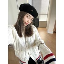 V-neck twist color contrasting college style sweater inner wear for women 2024 autumn new Korean style loose and slim cardigan 0208