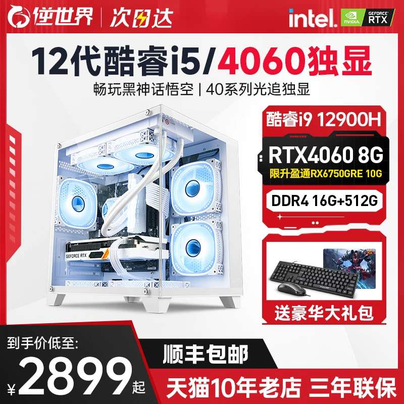 Core i5 12400F/RTX4060 8G independent desktop computer host high -end chicken game sea view room LED light host cool game desktop unique machine
