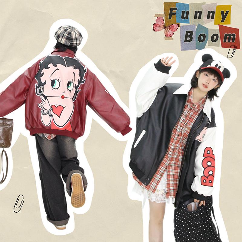 Funnyboom Explosive Store-Autumn and Winter LAOSHU American Retro “Red Dress Betty” Embroidered Loose Leather Jacket