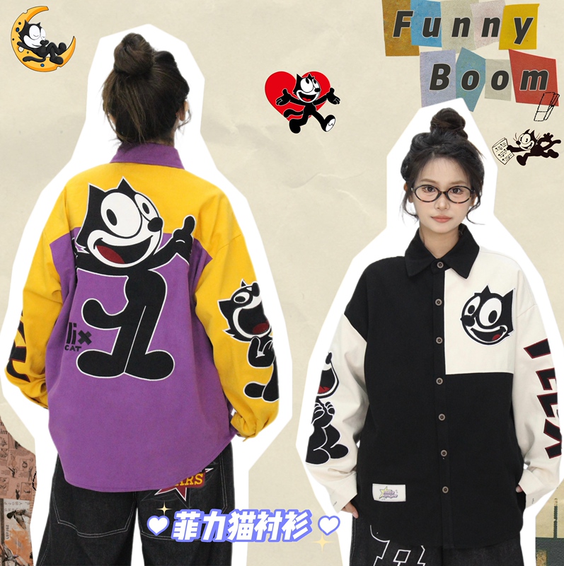 Funnyboom Explosive Store - Original American Retro Loose Casual Cartoon Feli Cat Embroidered Patchwork Shirt