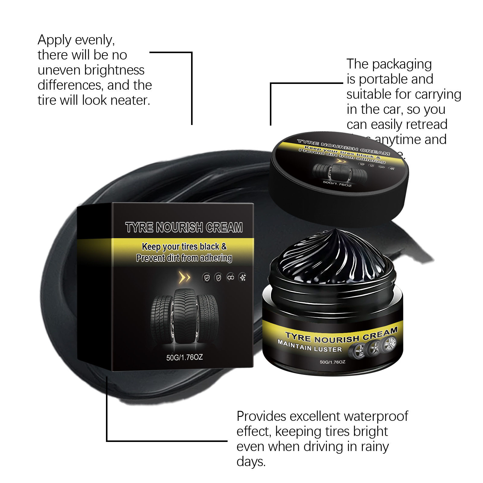 Tire Nourish Cream features: even application, portable packaging, waterproof
