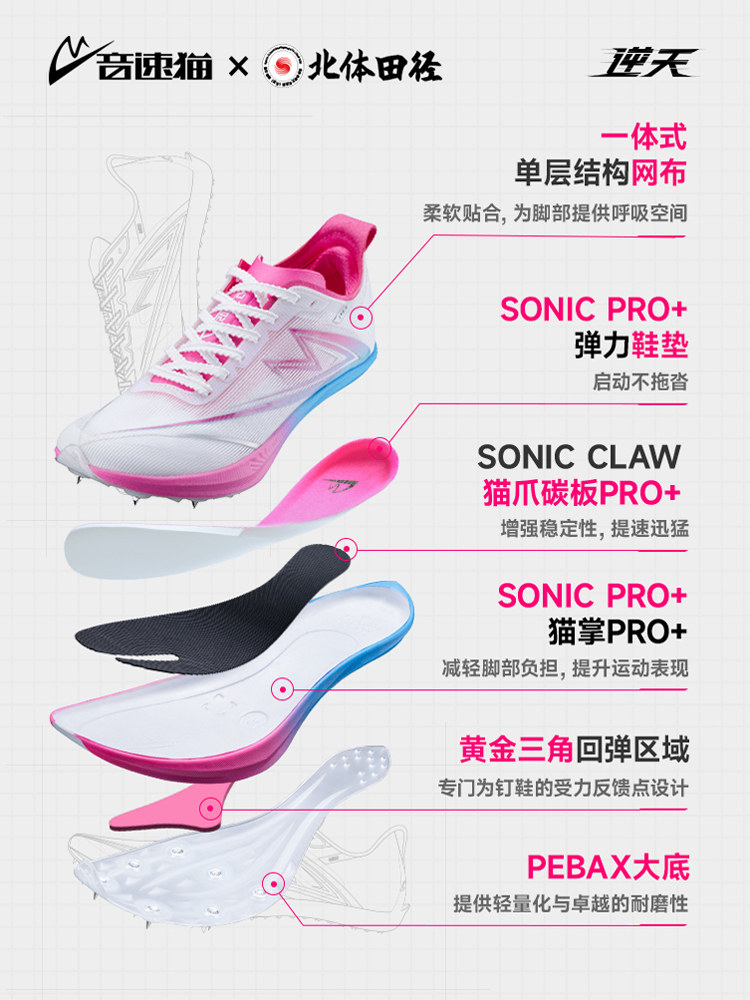 [North Sports Joint Research]Sonic Cat Extreme Spikes Full-Length Carbon Plate Official Flagship Children's Track and Field Exam Short and Medium Sprint