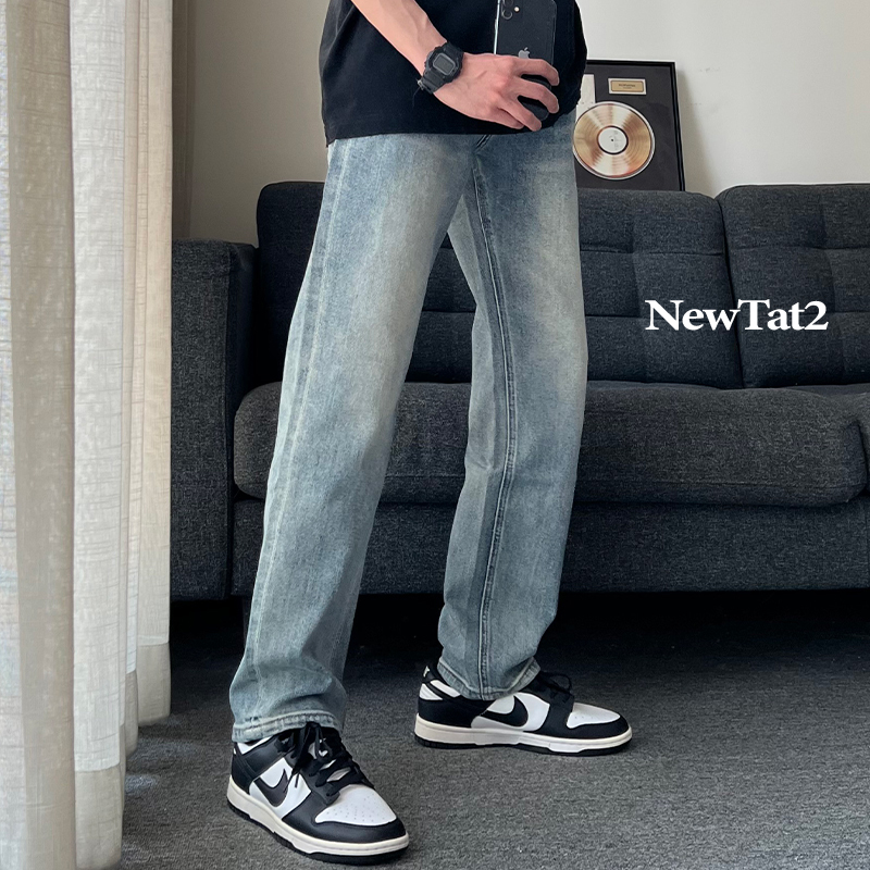 Newtat2 Paired with Dunk Casual Versatile Washed Light Blue Jeans Straight-Leg Pants Stretch Men's Spring Style