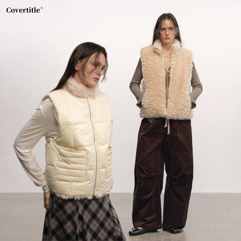 Covertitle “Afternoon Walk” Golden Antelope Curly Eco-Friendly Fur Double-Sided down Vest Jacket