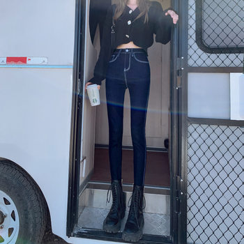 Dark blue high-waisted jeans for women in 2024 spring and autumn new style slim and high-fitting autumn tight small-fit pants
