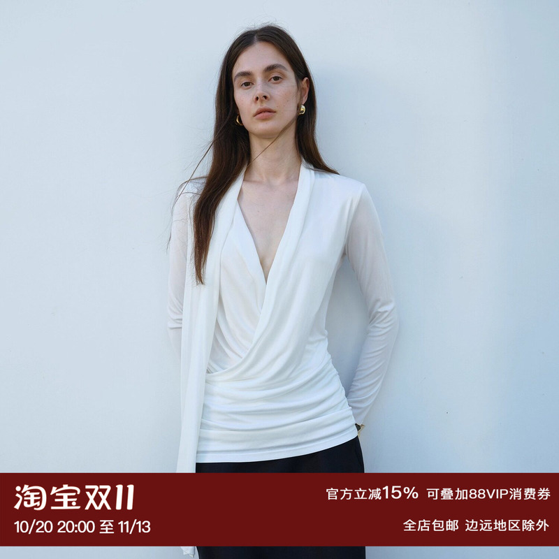 【Liu Liu's Style】Ruthese White Draped V-Neck Acetate Knit Patchwork Pleated Design Top 【Liu Liu's Style】Ruthese White Draped V-Neck Acetate Knit Patchwork Pleated Design Top