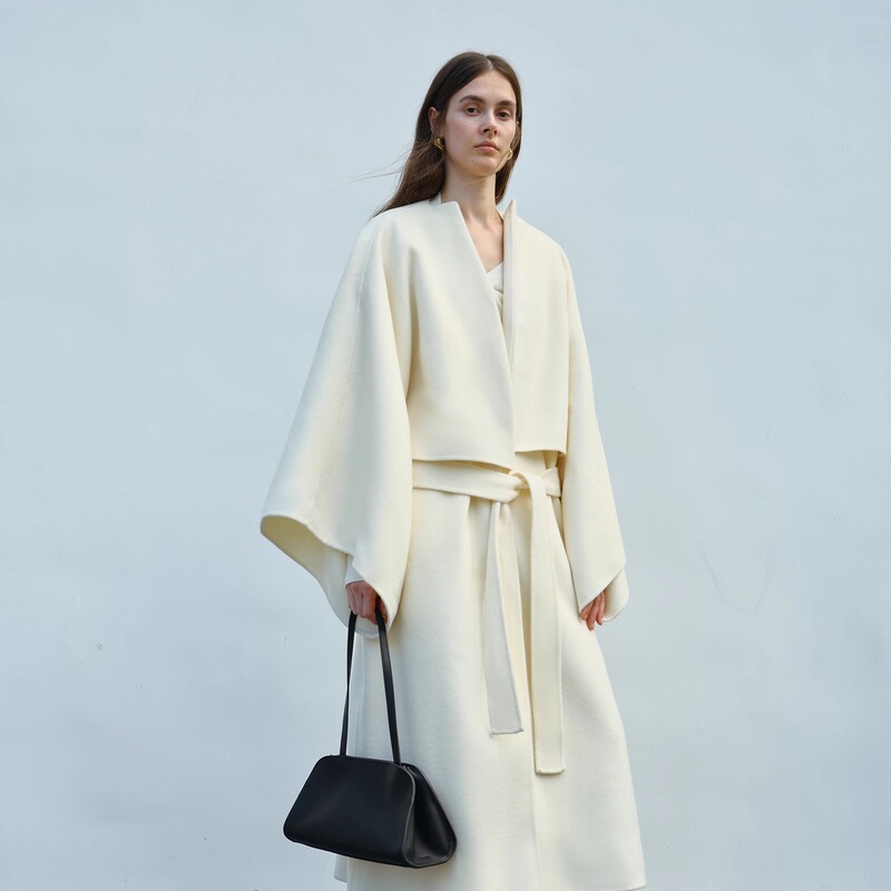 Ruthese High-Count 100% Wool Coat for Women, Winter Cape-Style Wide-Sleeve Belted Long Woolen Coat