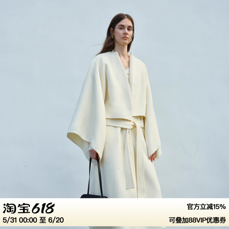 Ruthese High-Count 100% Wool Coat for Women, Winter Cape-Style Wide-Sleeve Belted Long Woolen Coat