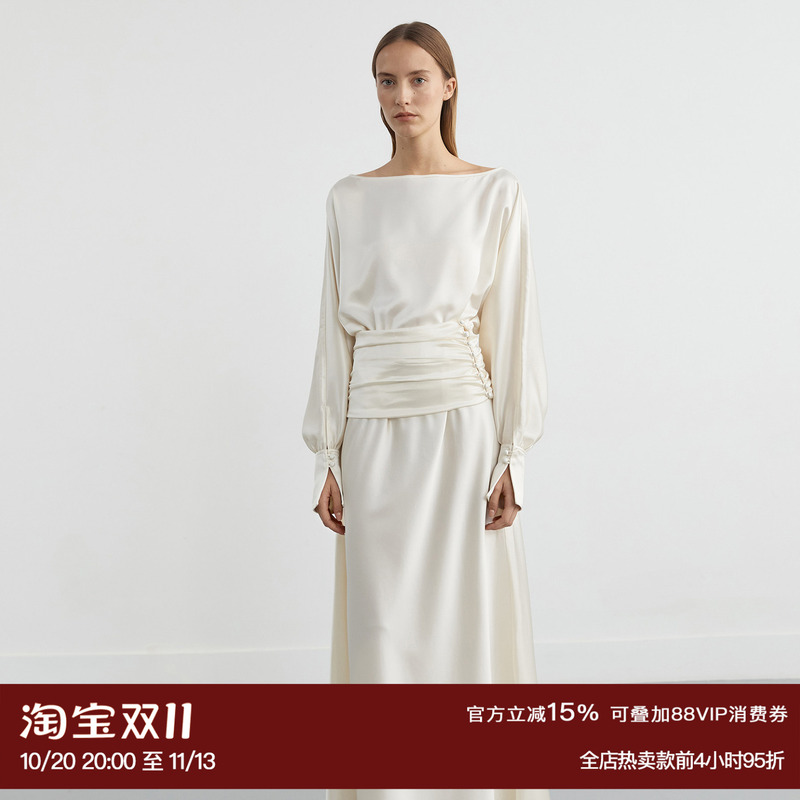 Ruthese Champagne-Colored Satin Acetate Off-Shoulder Dress for Women, Autumn Waist-Cinching Design, Straight Long Dress Ruthese Champagne-Colored Satin Acetate Off-Shoulder Dress for Women, Autumn Waist-Cinching Design, Straight Long Dress