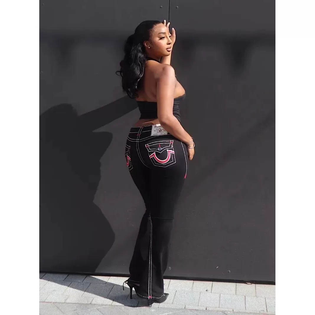 Узкие черные джинсы True Religion с высокой растяжимостью для женщин, стиль Y2K, популярные на улице