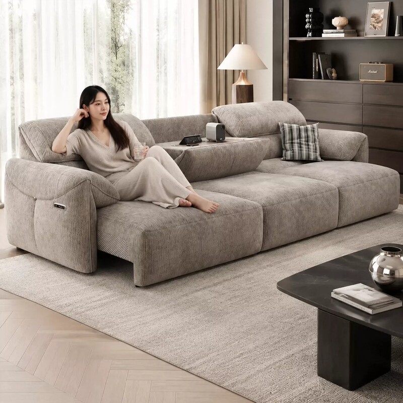Zero-Wall Fabric Multifunctional Electric Extendable Sofa with Chenille Cat-Scratch Fabric, Flip-Top Straight-Row Sofa for Living Room Home Use