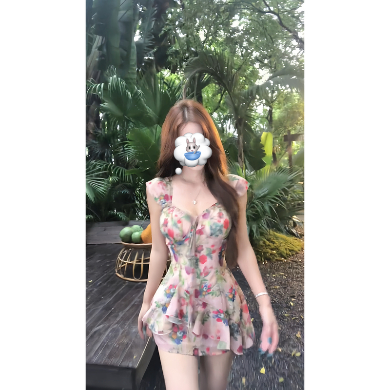 In Stock 【Muyu Huachuan】Printed Strap Dress with a Pure and Desirable Retro Vibe, Slimming and Unique Summer Dress