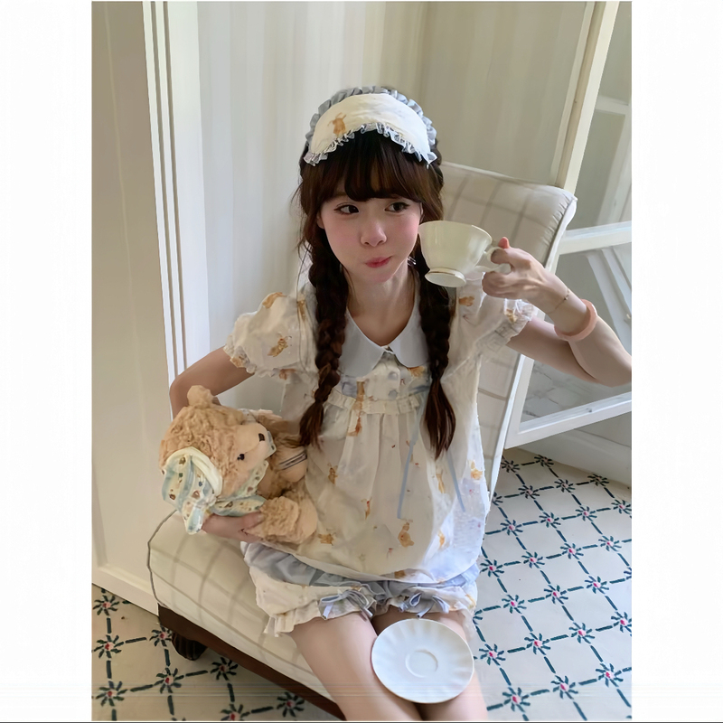 Sleepy Bunny Cute Little Rabbit A-Line Color-Block Doll Collar Shirt with Bowknot and Tapered Pants Homewear Set