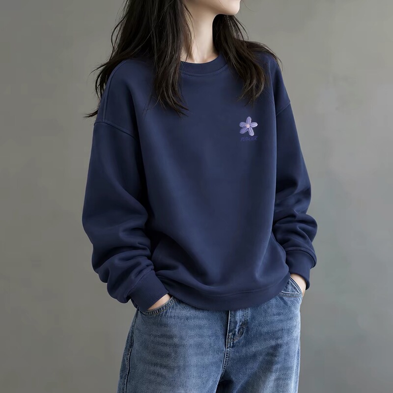 2026 Women's New Autumn Fashion Versatile Thin Sweatshirt Casual Wear Navy Blue Cotton Lazy Loose Top 2026 Women's New Autumn Fashion Versatile Thin Sweatshirt Casual Wear Navy Blue Cotton Lazy Loose Top