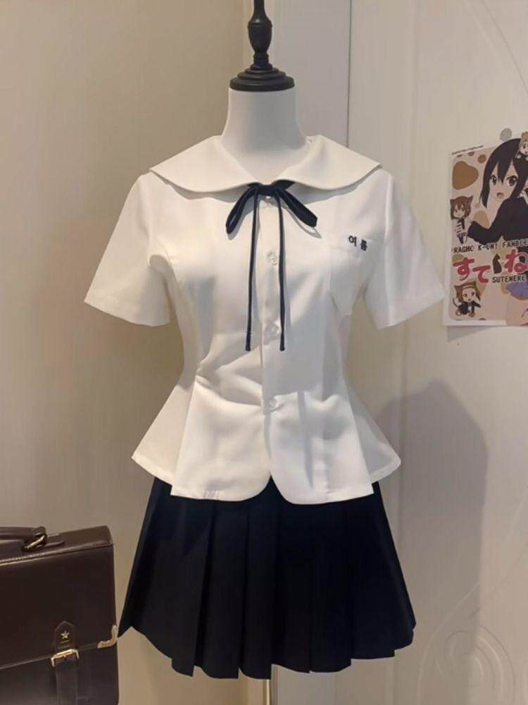 товар из китая 原创夏季新款jk制服短袖可爱风娃娃领日系学院风衬衫短裙两件套