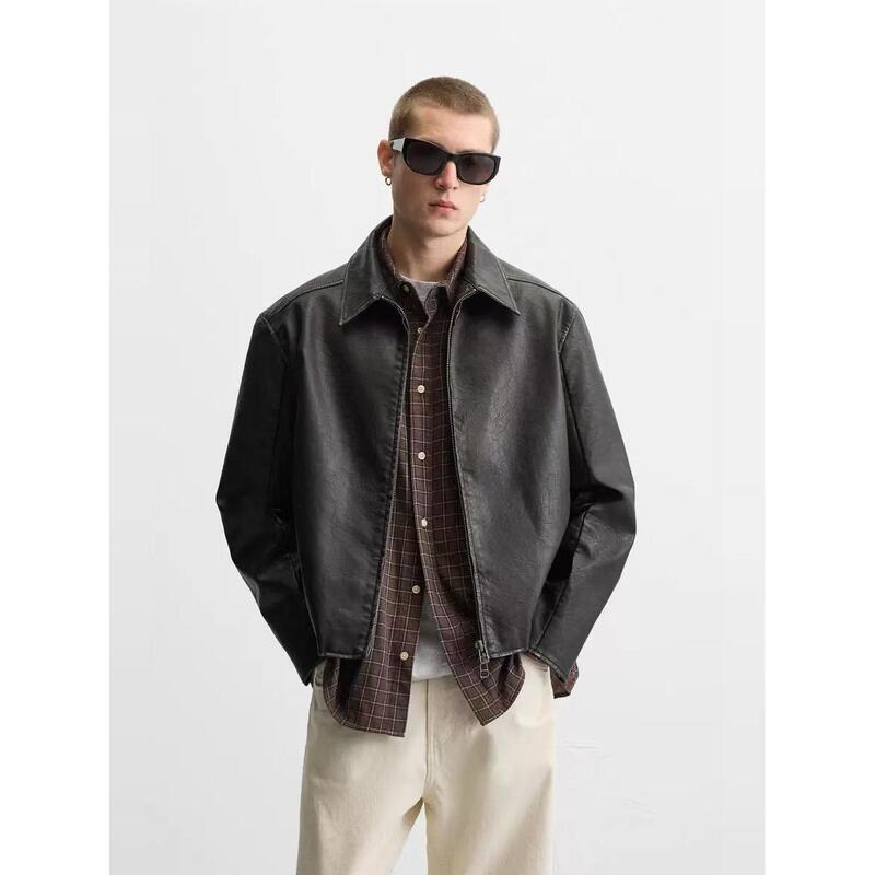 2025 Autumn/Winter New Men's Washed Faux Leather Short Zipper Jacket Leather Coat 3715302