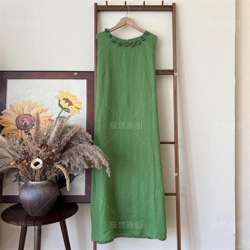 Beautiful Green 100% Linen Sleeveless Dress for Seaside Vacation, Waist-Tied, Knee-Length, Elegant Long Dress for Women, Summer, Length 118 Beautiful Green 100% Linen Sleeveless Dress for Seaside Vacation, Waist-Tied, Knee-Length, Elegant Long Dress for Women, Summer, Length 118