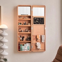 Japanese solid wood cosmetic mirror home hanging mirror small apartment living room invisible storage rack hanging multi-functional fitting mirror