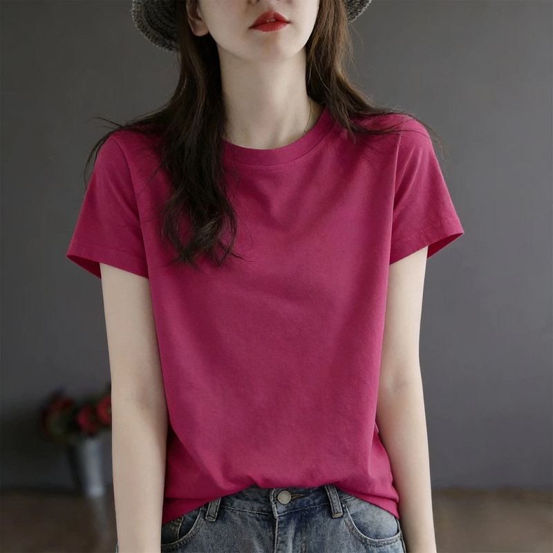 Summer Regular Shoulder Rose Red Loose Round Neck 2026 New Short-Sleeved T-Shirt for Women Casual Versatile Stylish Pure Cotton Top Summer Regular Shoulder Rose Red Loose Round Neck 2026 New Short-Sleeved T-Shirt for Women Casual Versatile Stylish Pure Cotton Top