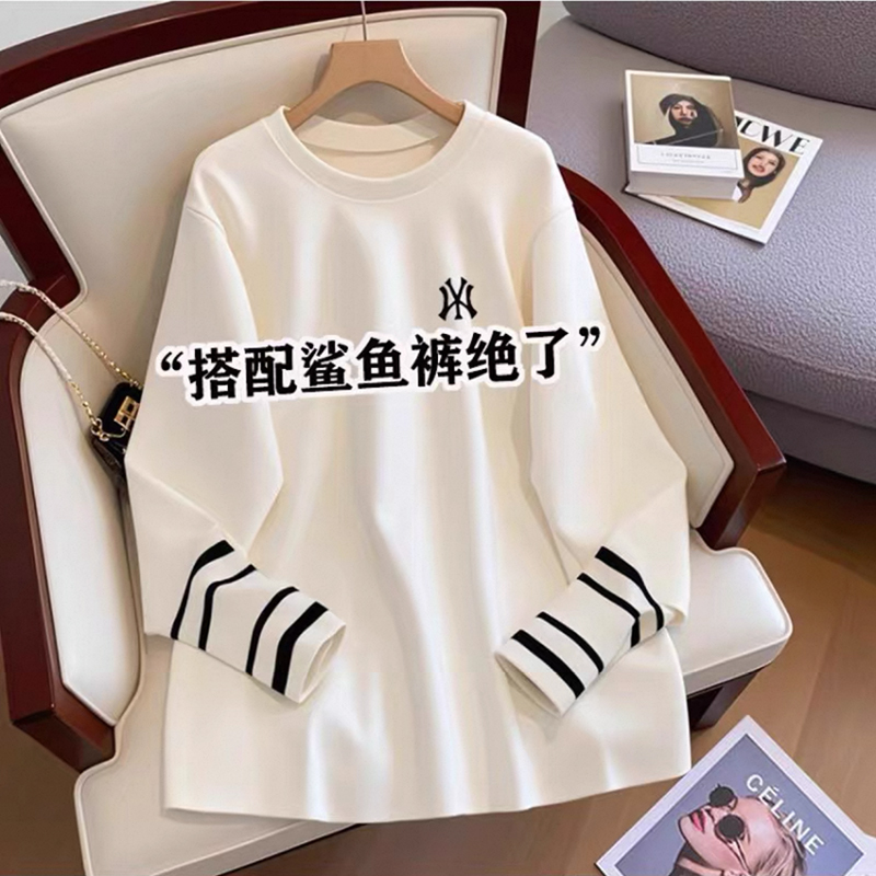 White Loose-Fitting 2026 New Style Patchwork Cuff Cotton Spring and Autumn Mid-Length Long-Sleeve T-Shirt Top for Women, Suitable for Layering or Wearing Alone