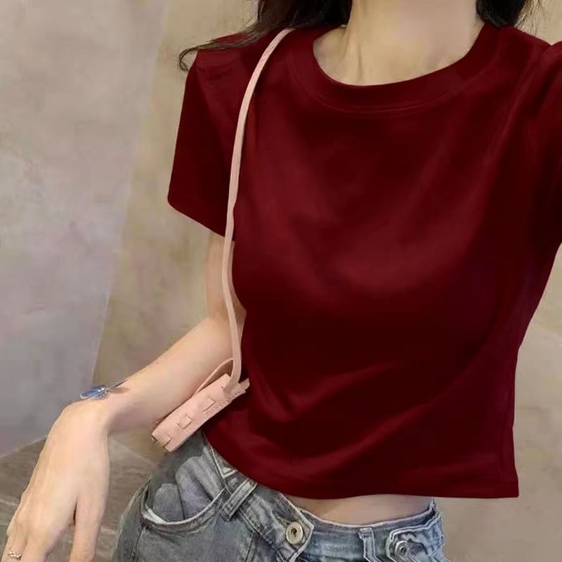 Burgundy Round-Neck Short-Sleeve T-Shirt for Women, 2026 New Style, Summer Slim-Fit Half-Sleeve High-Waisted Trendy Versatile Top Burgundy Round-Neck Short-Sleeve T-Shirt for Women, 2026 New Style, Summer Slim-Fit Half-Sleeve High-Waisted Trendy Versatile Top