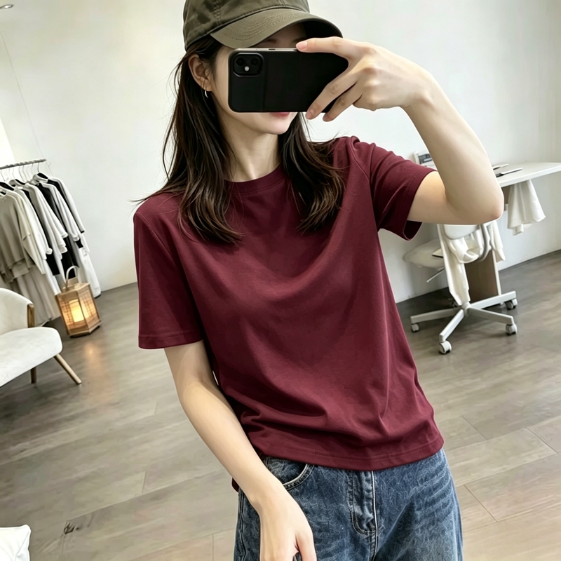 Burgundy Summer Round-Neck Pure Cotton Regular Shoulder 2026 New Short-Sleeve T-Shirt for Women, Casual Loose Fit, Age-Reducing, Stylish Top Burgundy Summer Round-Neck Pure Cotton Regular Shoulder 2026 New Short-Sleeve T-Shirt for Women, Casual Loose Fit, Age-Reducing, Stylish Top