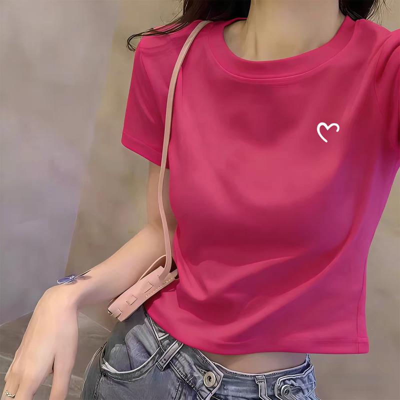 Rose Red Round Neck Printed Summer 2026 New Short-Sleeved T-Shirt for Women, Pure Cotton, Slim Fit, Age-Reducing and Slimming Top Rose Red Round Neck Printed Summer 2026 New Short-Sleeved T-Shirt for Women, Pure Cotton, Slim Fit, Age-Reducing and Slimming Top
