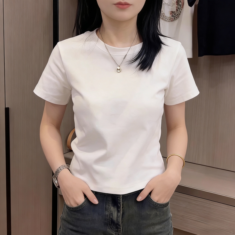 White Regular Shoulder Short Pure Cotton Slim Fit 2026 New Summer Short-Sleeve T-Shirt for Women, Round Neck Versatile Stylish Top ins