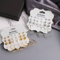 European and American exaggerated pearl earrings geometric circles diamond alloy earrings 12 pairs set of hoop earrings