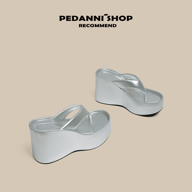 Peidanni Platform Sandals with Silver Thong Straps for Women, Summer Outdoor Versatile Thick-Soled High-Heeled Sandals for Petite Individuals
