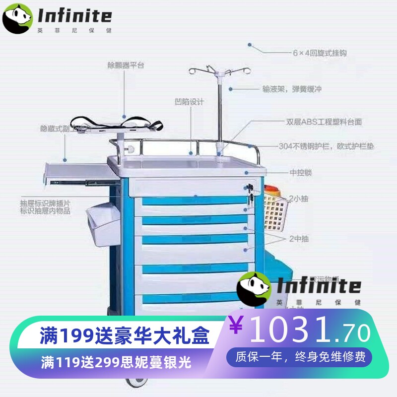 ABS抢救车急救车护理输液车不锈钢换药送药污物车医院小推车